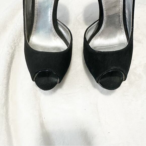 Bebe Women's Black Peep Toe Heels D’orsay suede leather size 8.5 pumps - Picture 7 of 11